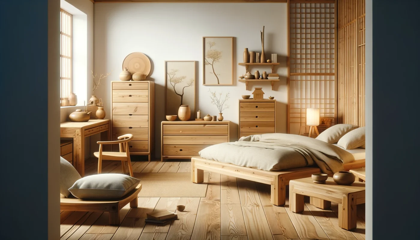 Chambre adulte zen avec mobilier en bois naturel et agencement minimaliste