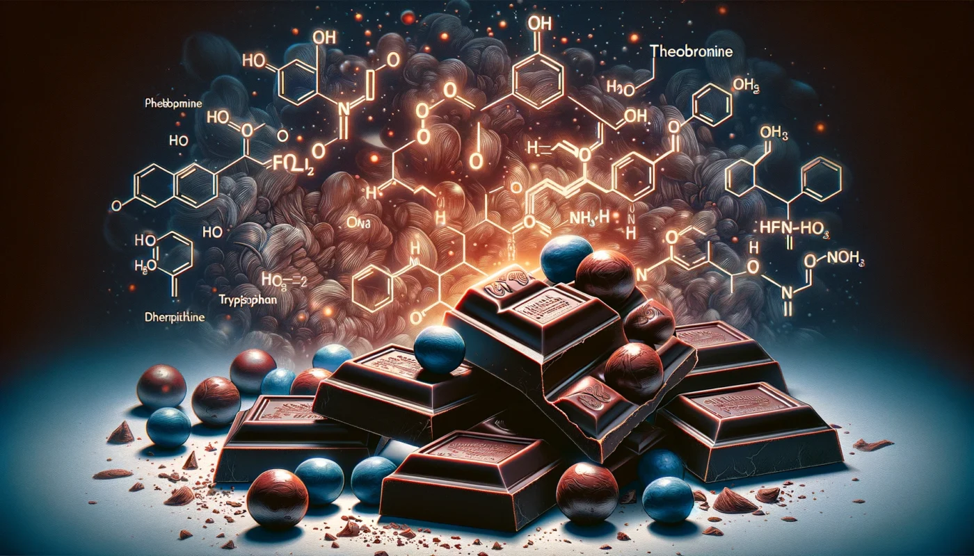 Illustration détaillée des structures moléculaires de la théobromine, de la phényléthylamine et du tryptophane pour le chocolat