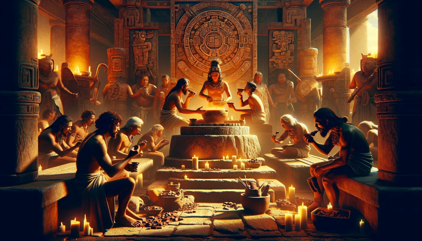 une scène rituelle aztèque et maya ancienne où des personnes consomment du chocolat dans un contexte cérémoniel