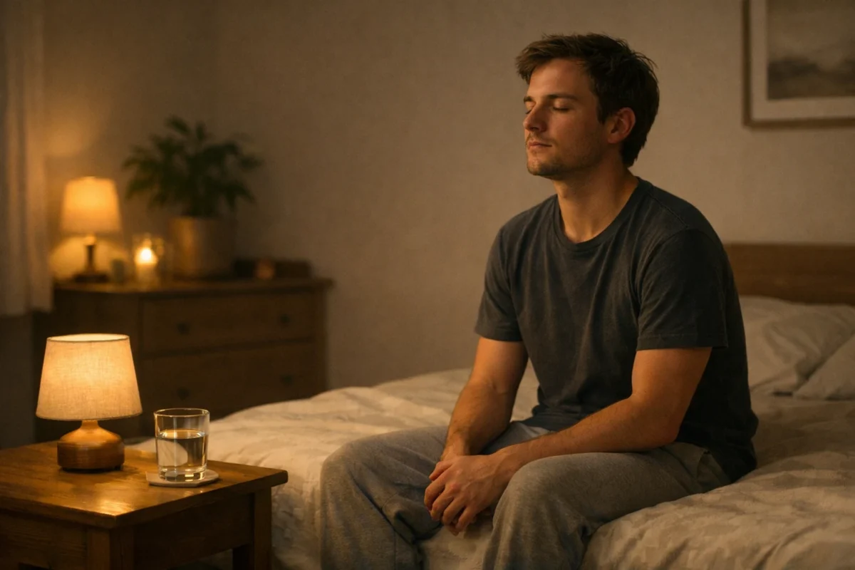 Jeune homme assis sur un lit dans une chambre tamisée, yeux fermés, se relaxant après une soirée bruyante, avec un verre d'eau posé sur une table de chevet.